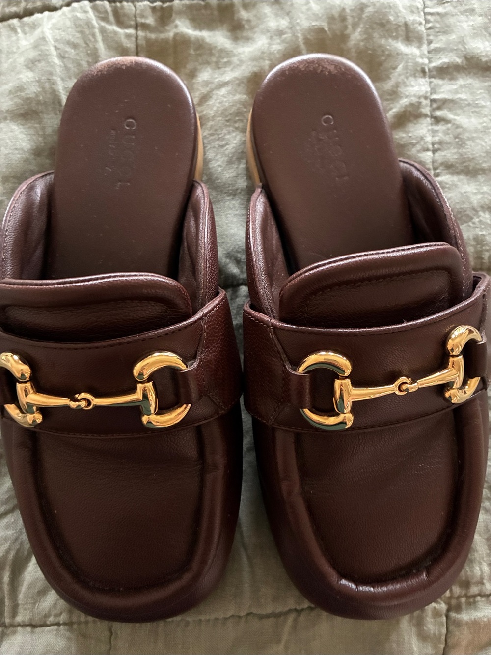 Gucci Dark Brown Leather Horsebit Slide Mules with Gold Hardware